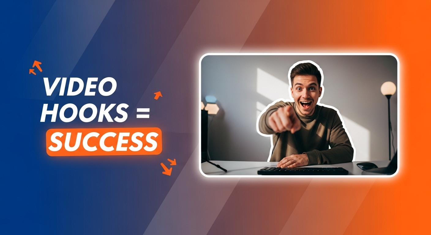 Video Hooks Equal Success - Professional content creator pointing at camera with engaging expression, demonstrating the power of compelling video hooks for YouTube success and viewer retention